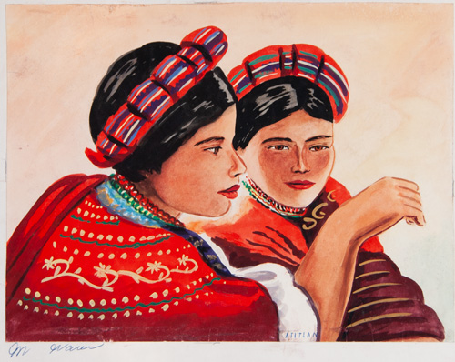 M. Navas Guatemalan artist original watercolor painting from circa 1950s-1960s